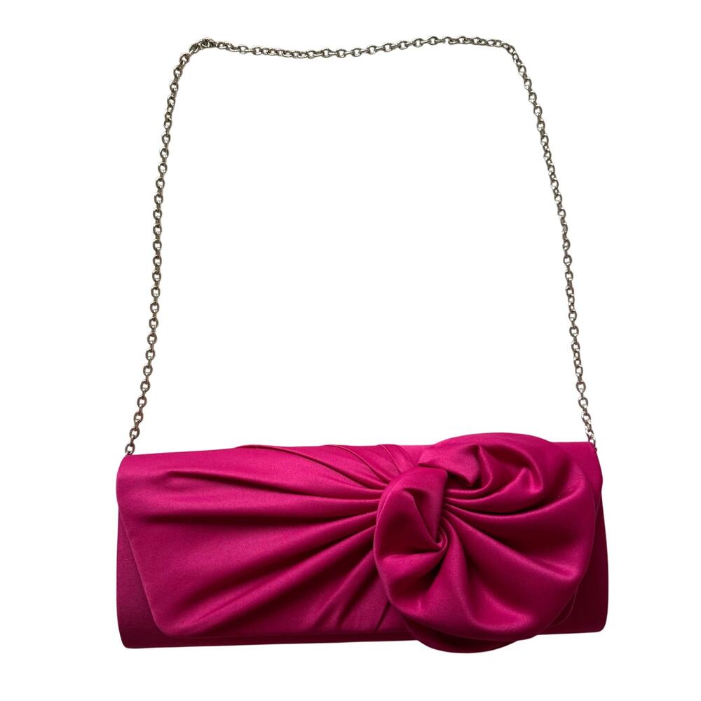 Fuchsia Pink Satin Clutch Purse w Rose Bud Knot Bow & Chain